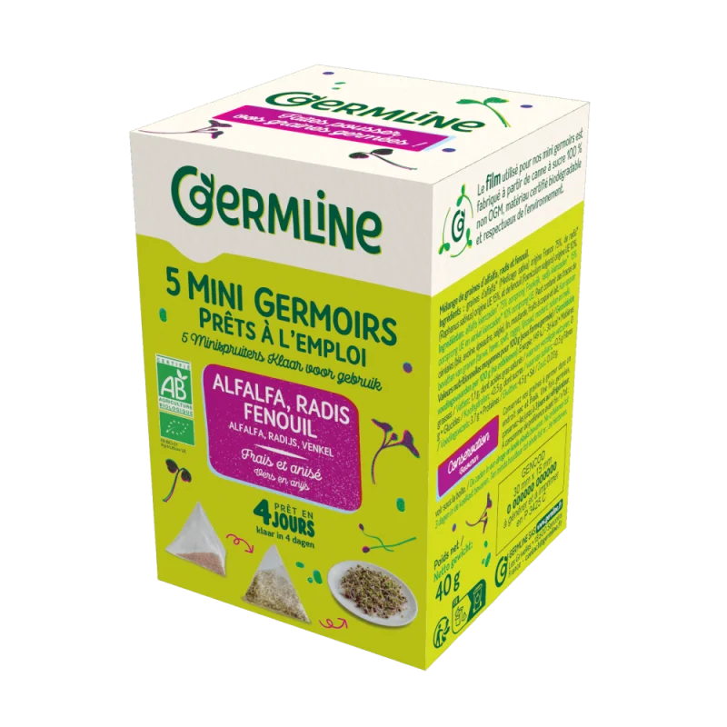 Mini germinatoare cu seminte de alfalfa, ridiche si fenicul bio 5 bucati x 8g 40g Germline