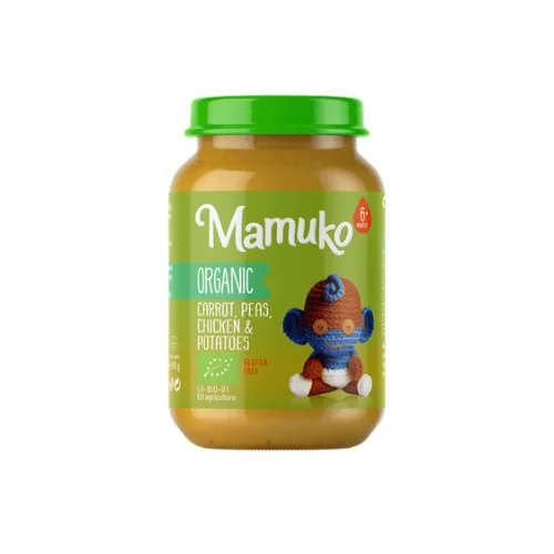 Piure de morcovi, mazare, cartofi cu pui bio 6+ luni 190g Mamuko