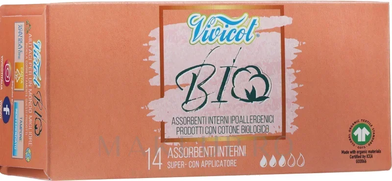 Tampoane cu aplicator din bumbac hipoalergenic ecologic 3 picaturi 14buc Vivicot