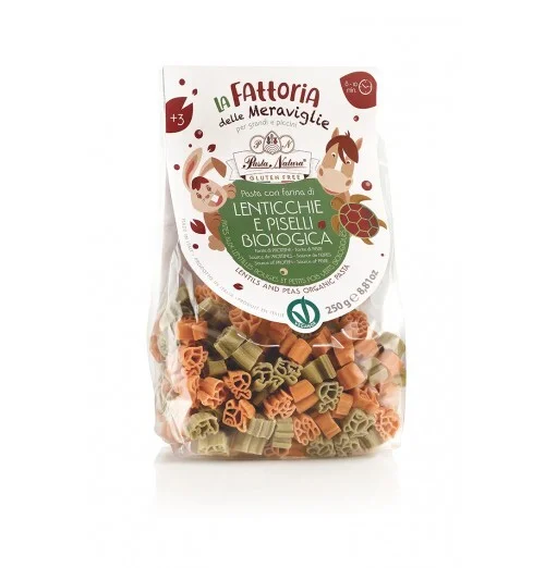 Paste pentru copii cu faina de linte rosie si mazare verde bio 250g Pasta Natura