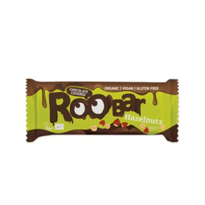 Baton cu alune de padure invelit in ciocolata bio 30g Roobar