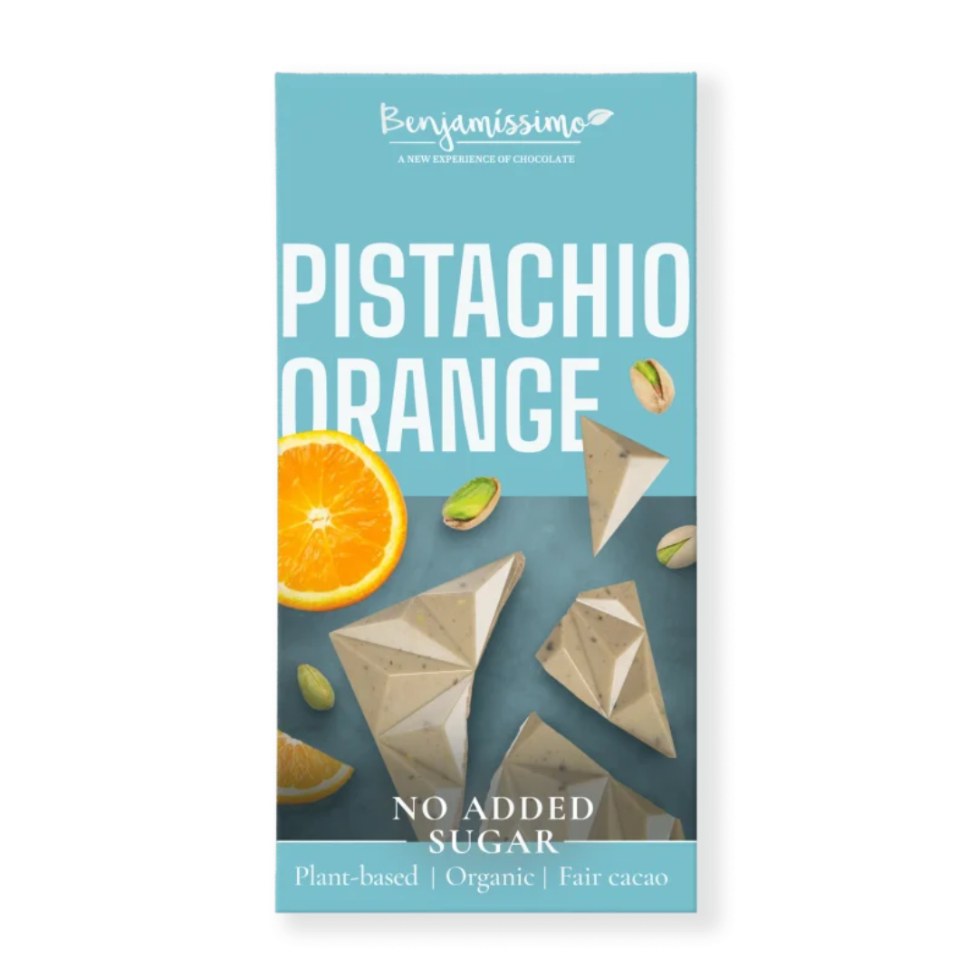 Ciocolata alba cu fistic si portocale bio 60g Benjamissimo
