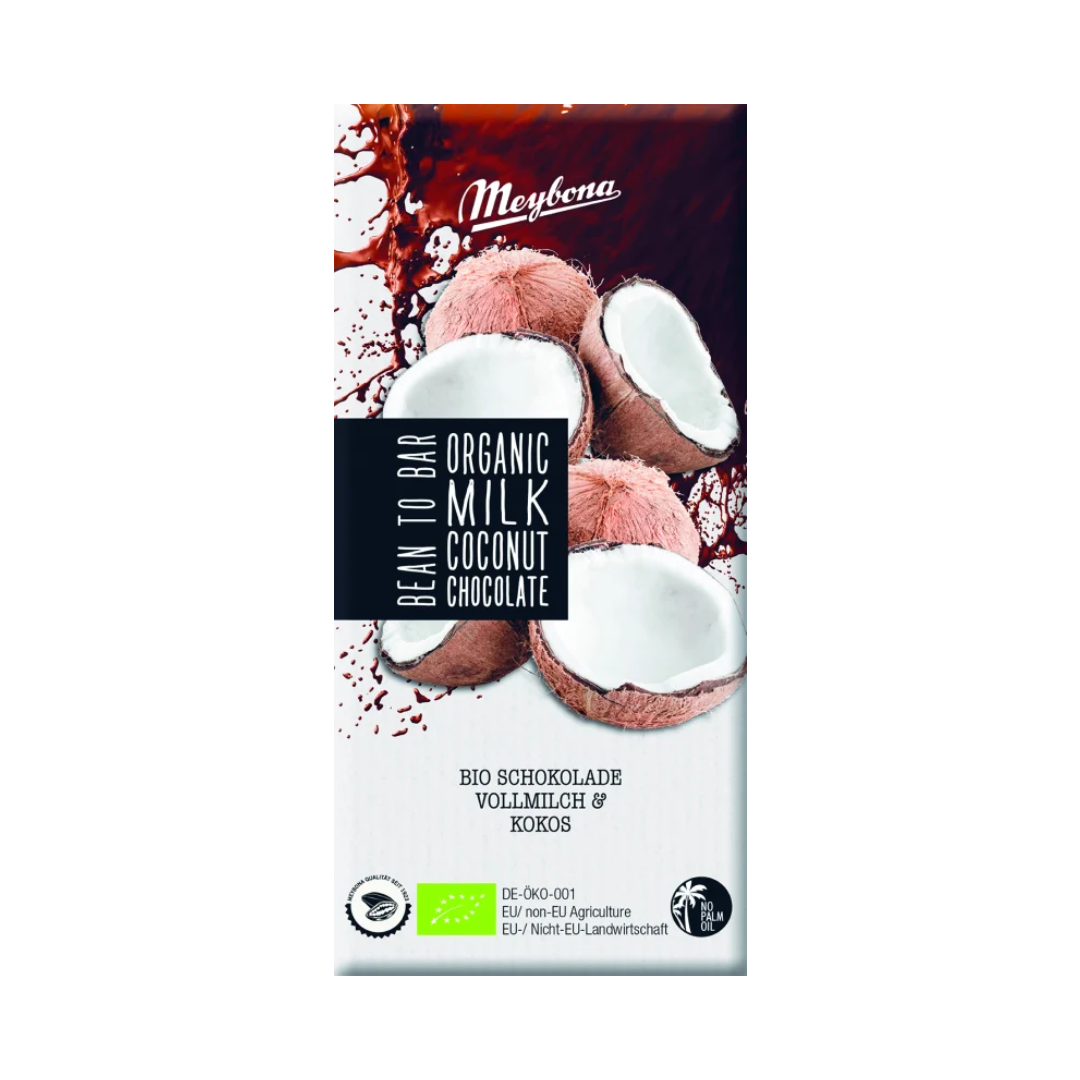 Ciocolata cu lapte si fulgi de cocos bio 100g Meybona