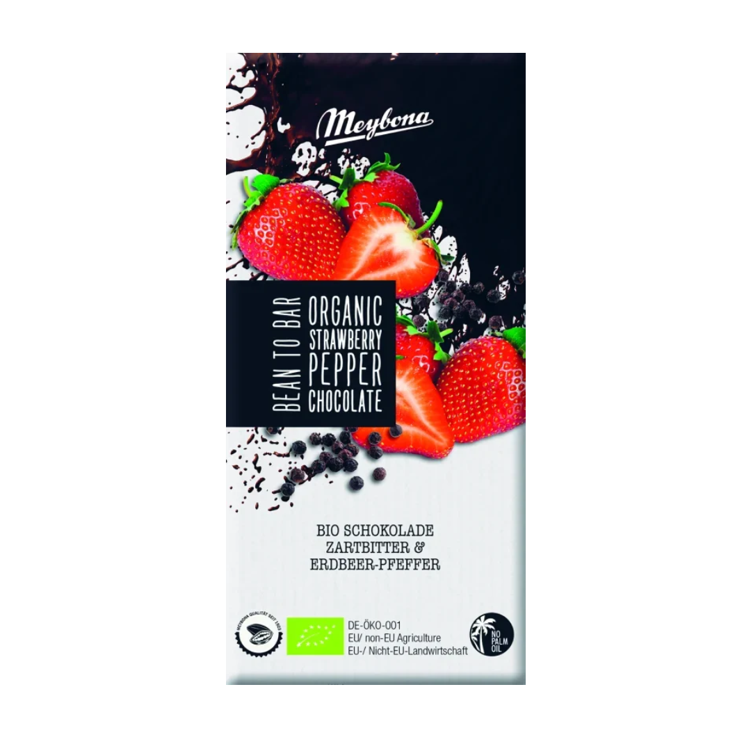 Ciocolata neagra cu capsuni si piper negru bio 100g Meybona