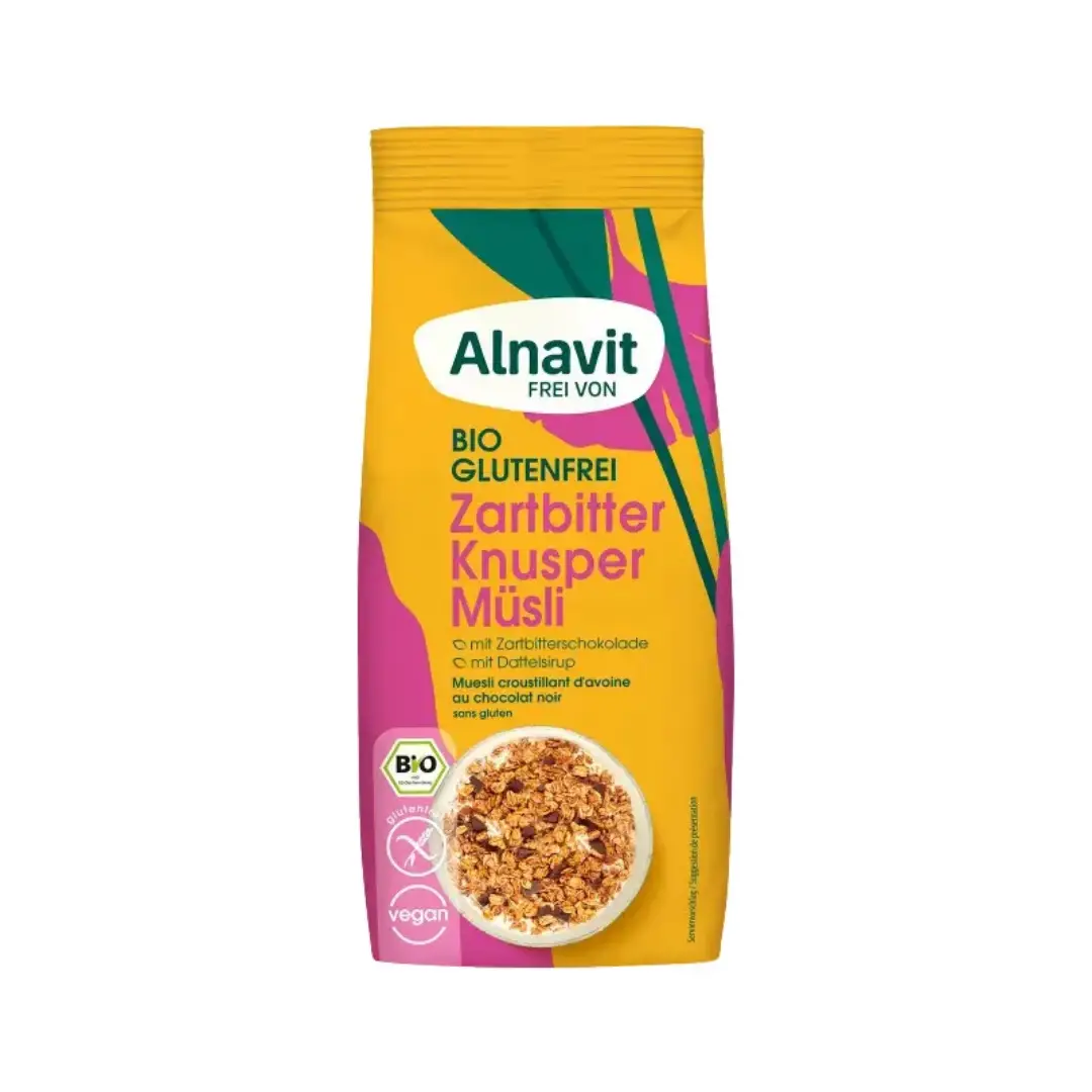 Musli crocant cu ciocolata neagra fara gluten, bio, 300g Alnavit