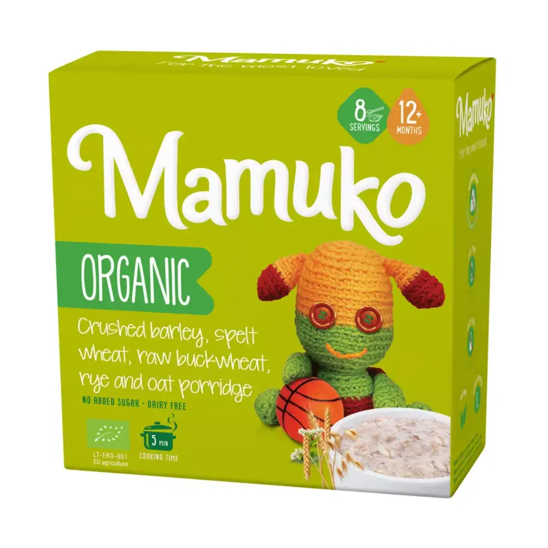 Porridge din 5 cereale orz, spelta, hrisca, secara si fulgi de ovaz bio 12+ luni 200g Mamuko