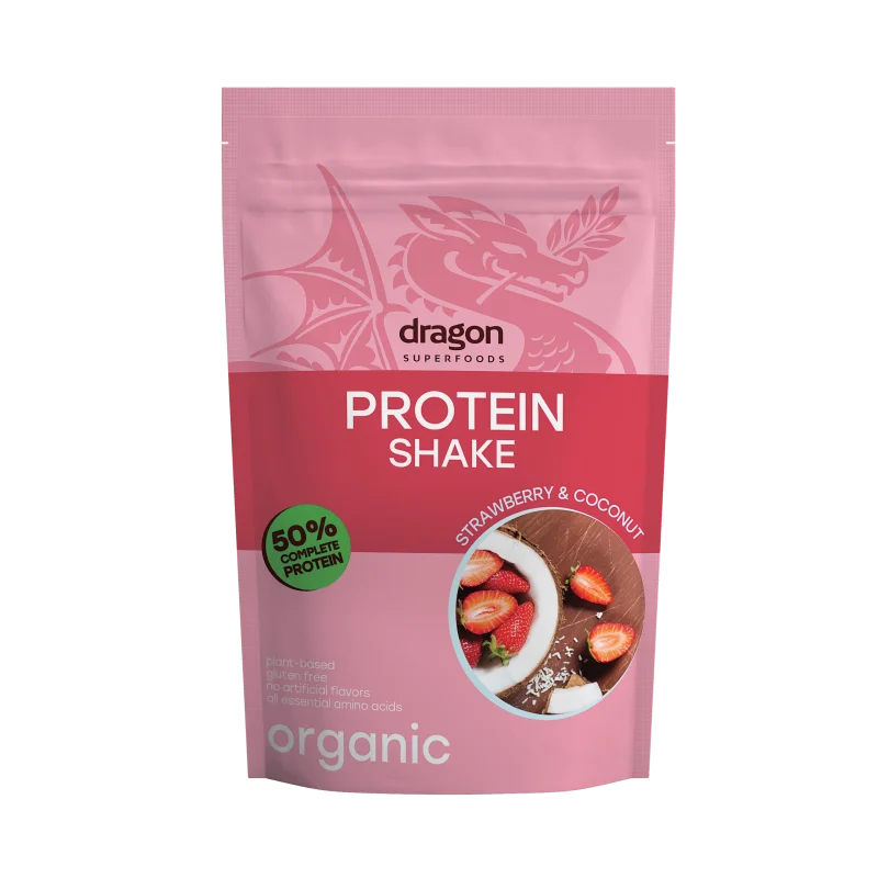 Shake proteic capsuni si cocos bio 450g Dragon Superfoods
