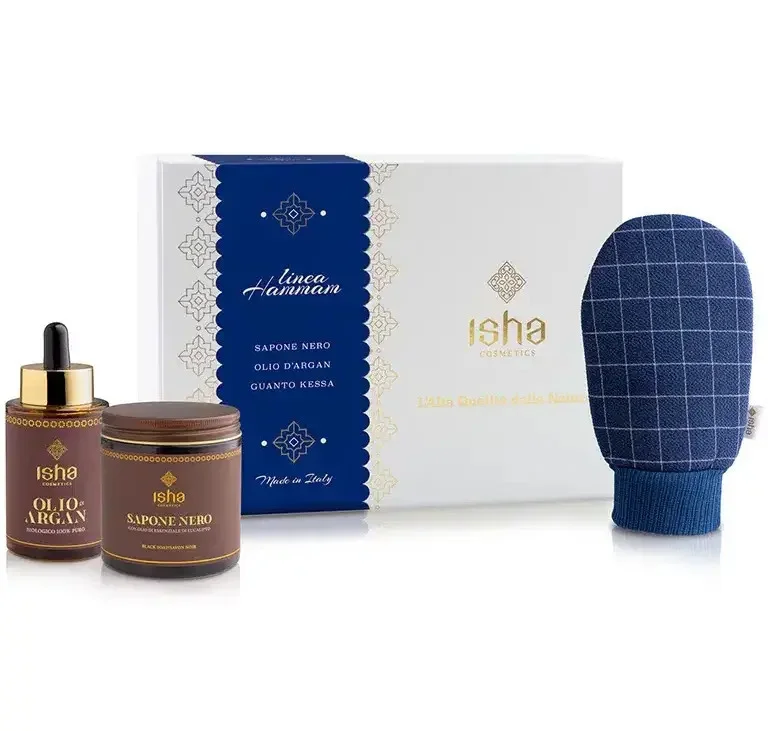 Set cadou ritual hammam – sapun negru, manusa kessa, ulei de argan ecologic Isha