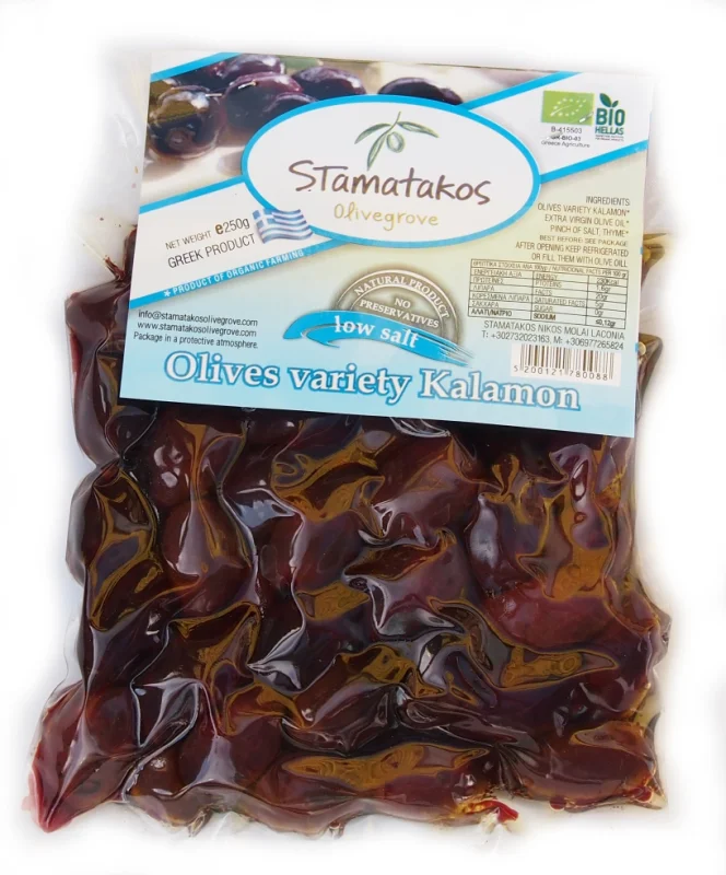 Masline kalamata vidate cu continut redus de sare bio 250g Stamatakos Olivegrove